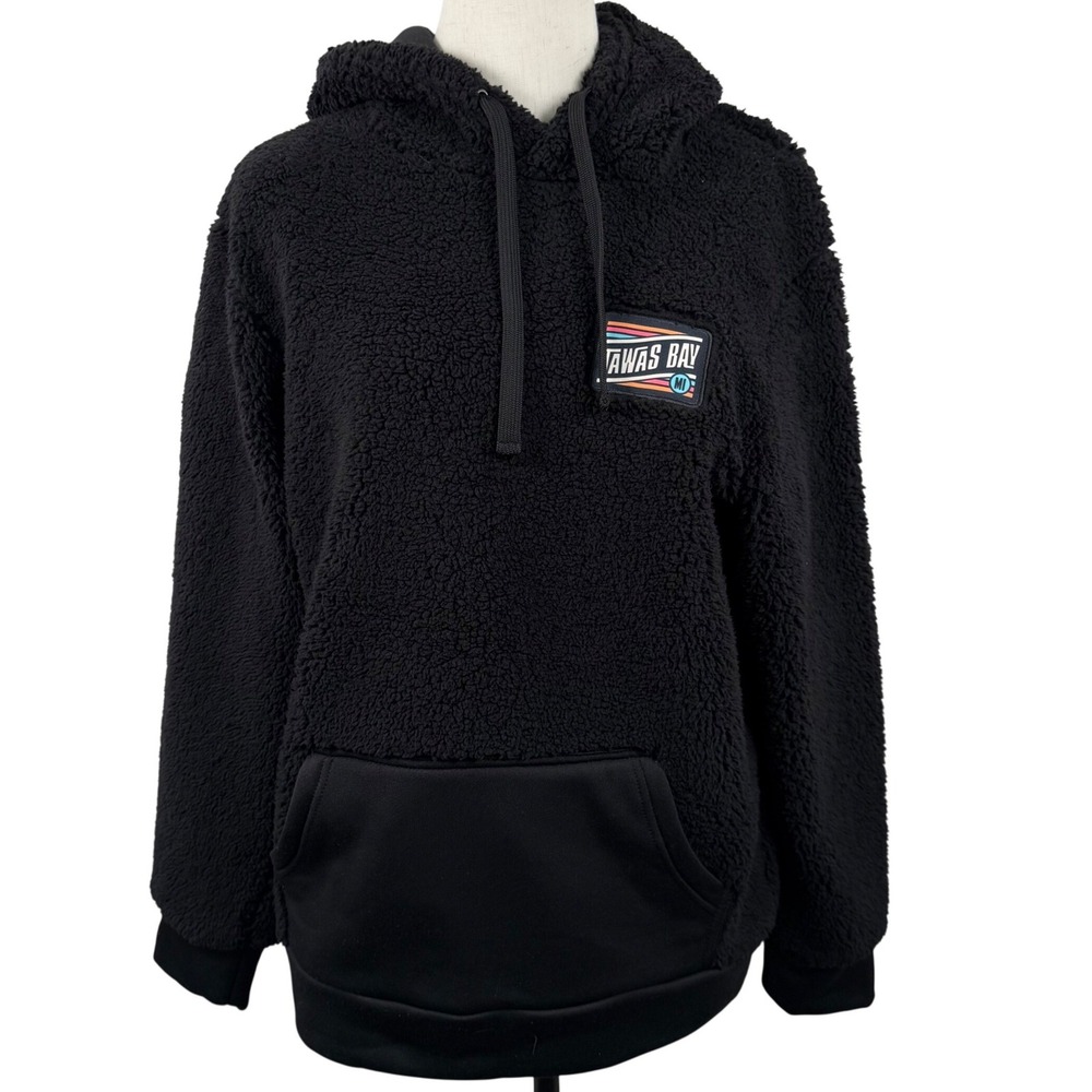 Artisans M‎ Black Fuzzy Sherpa Hoodie Neutral Kangaroo Pocket Vacation Souvenir